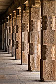 The great Chola temples of Tamil Nadu - The Airavatesvara temple of Darasuram. Details of the pillars of the prakara-wall surrounding the temple. 